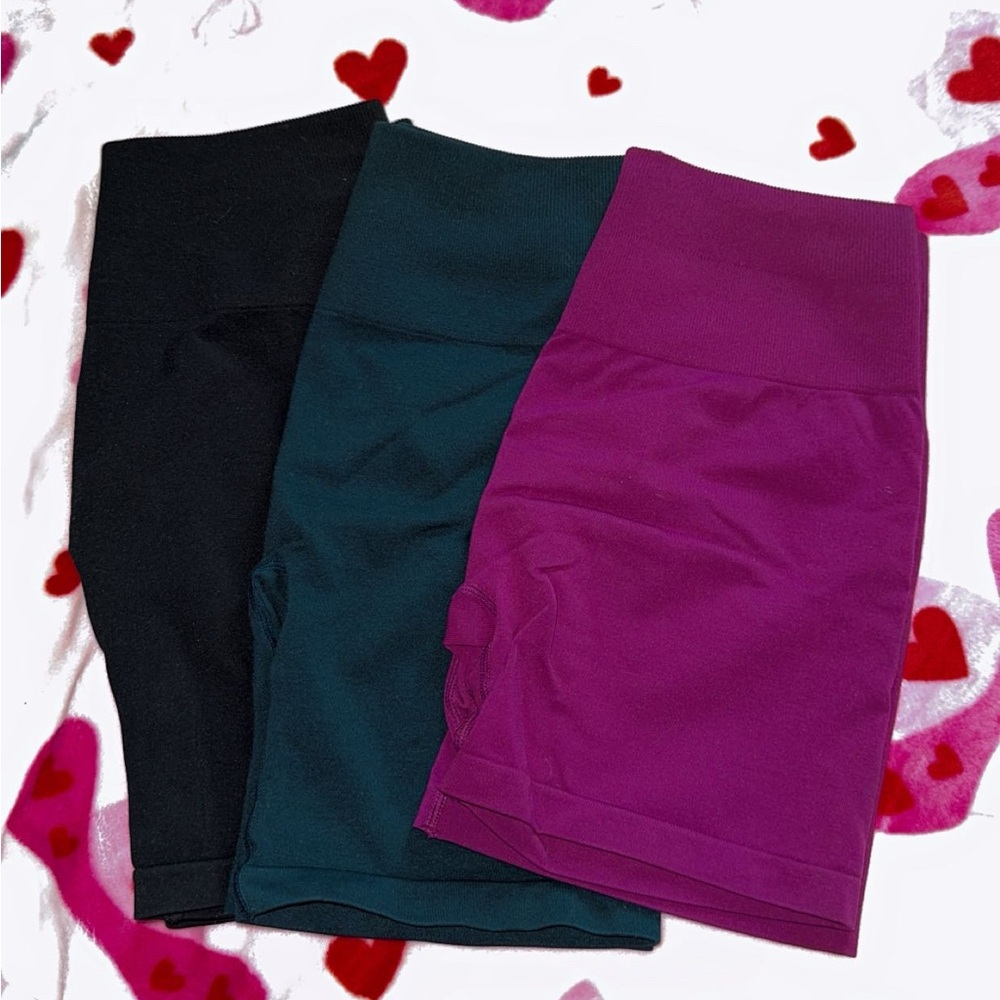 Set of Three High-Waisted Shorts in Black, Teal, and Magenta